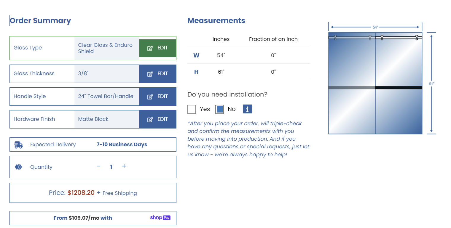 Custom Shower Doors Bypass Double hung with Vertical Handles (black)