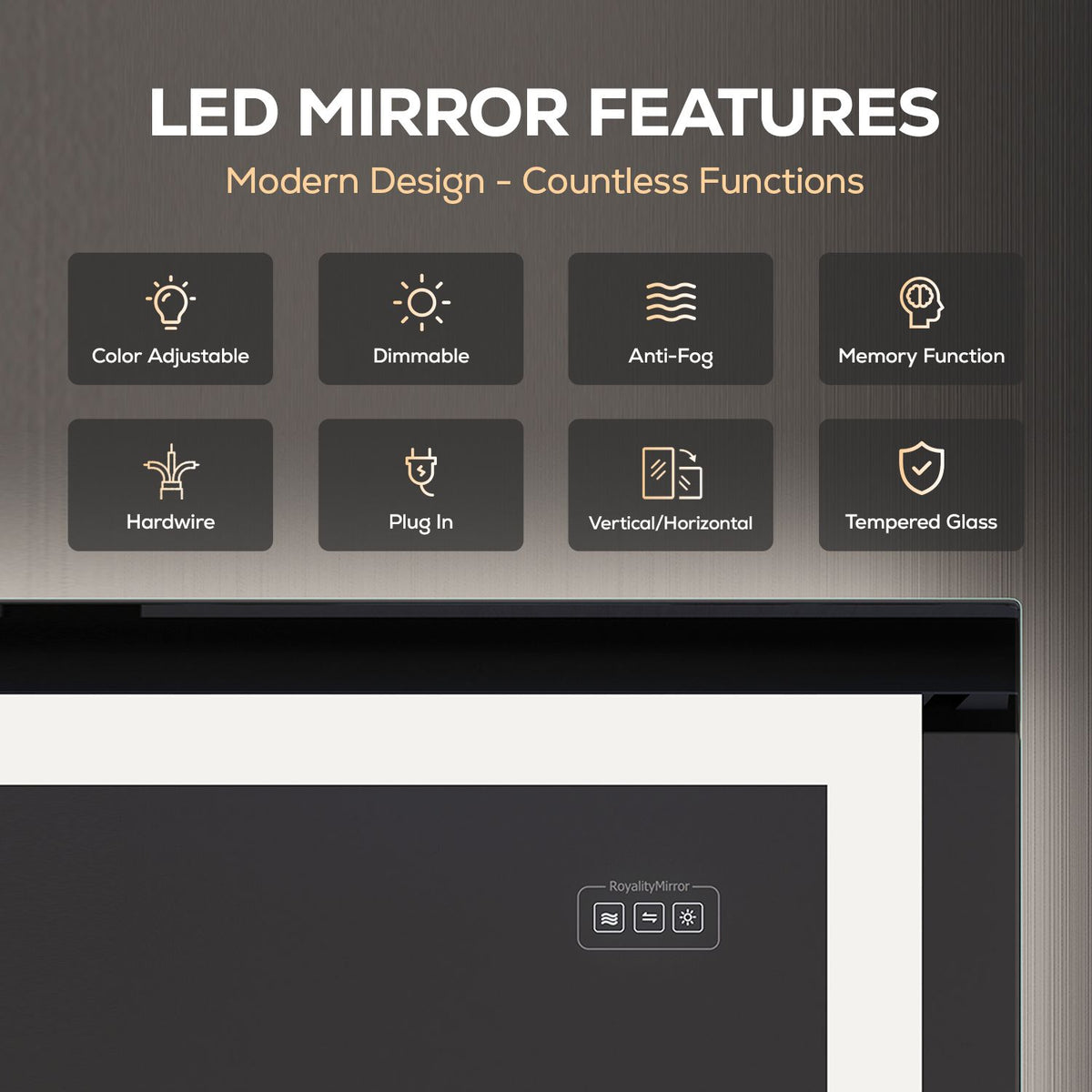 Large Vanity Mirror with Lights, Dimmable, Anti-Fog, Shatter-Proof