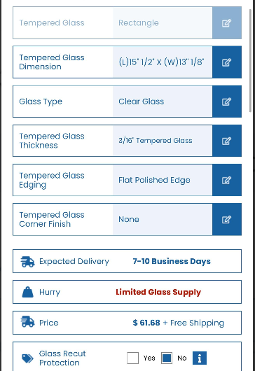 Tempered Glass (L) 15 1/2 x (W) 13 1/8