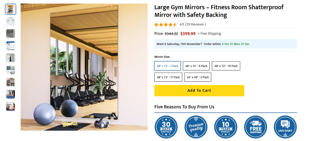 5 Units 48" x 72" Gym Mirror and 5 Units 42"x72" Race Track Oval Glass