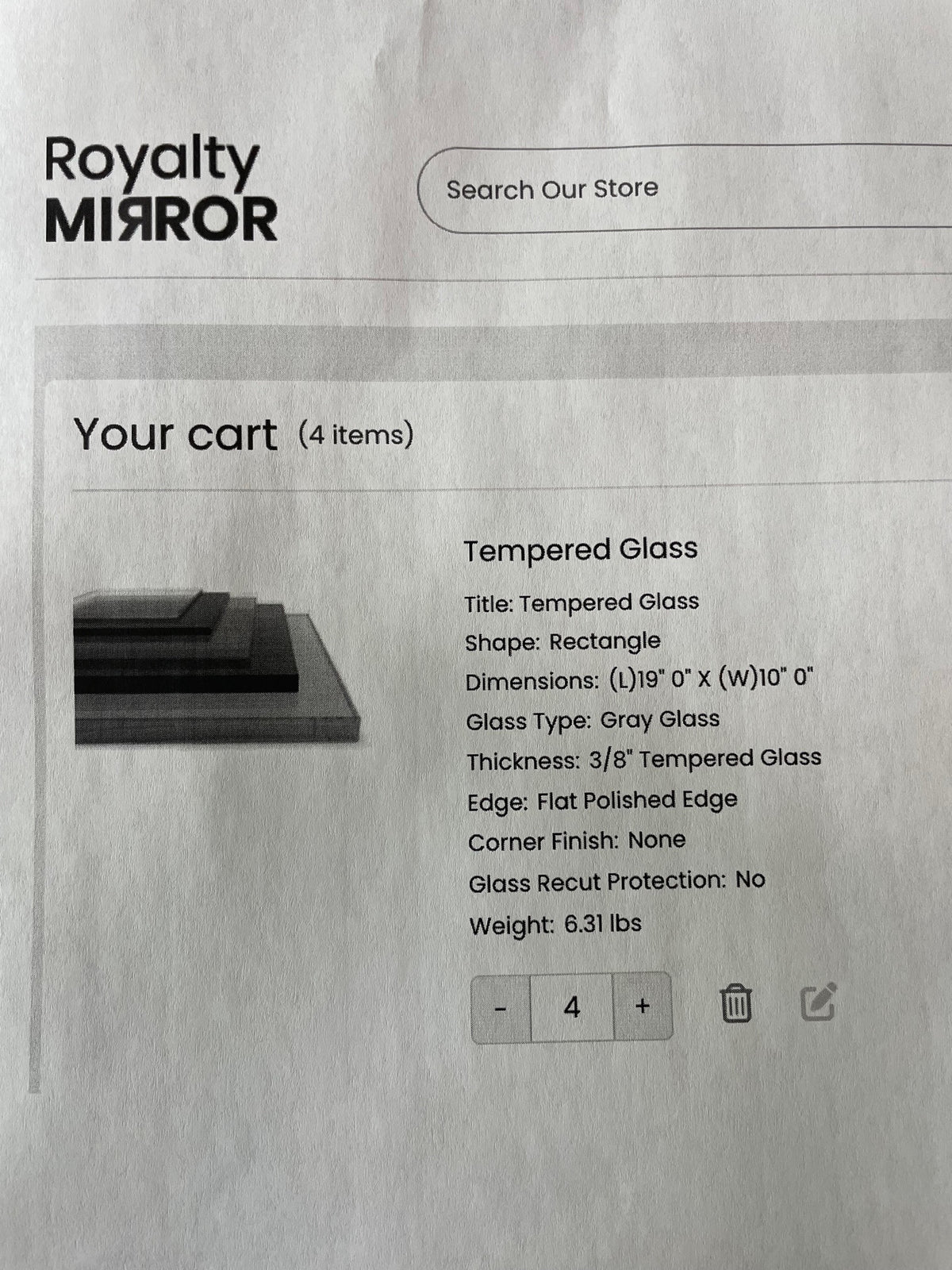 4 pcs Gray Tempered Glass 19" x 10"